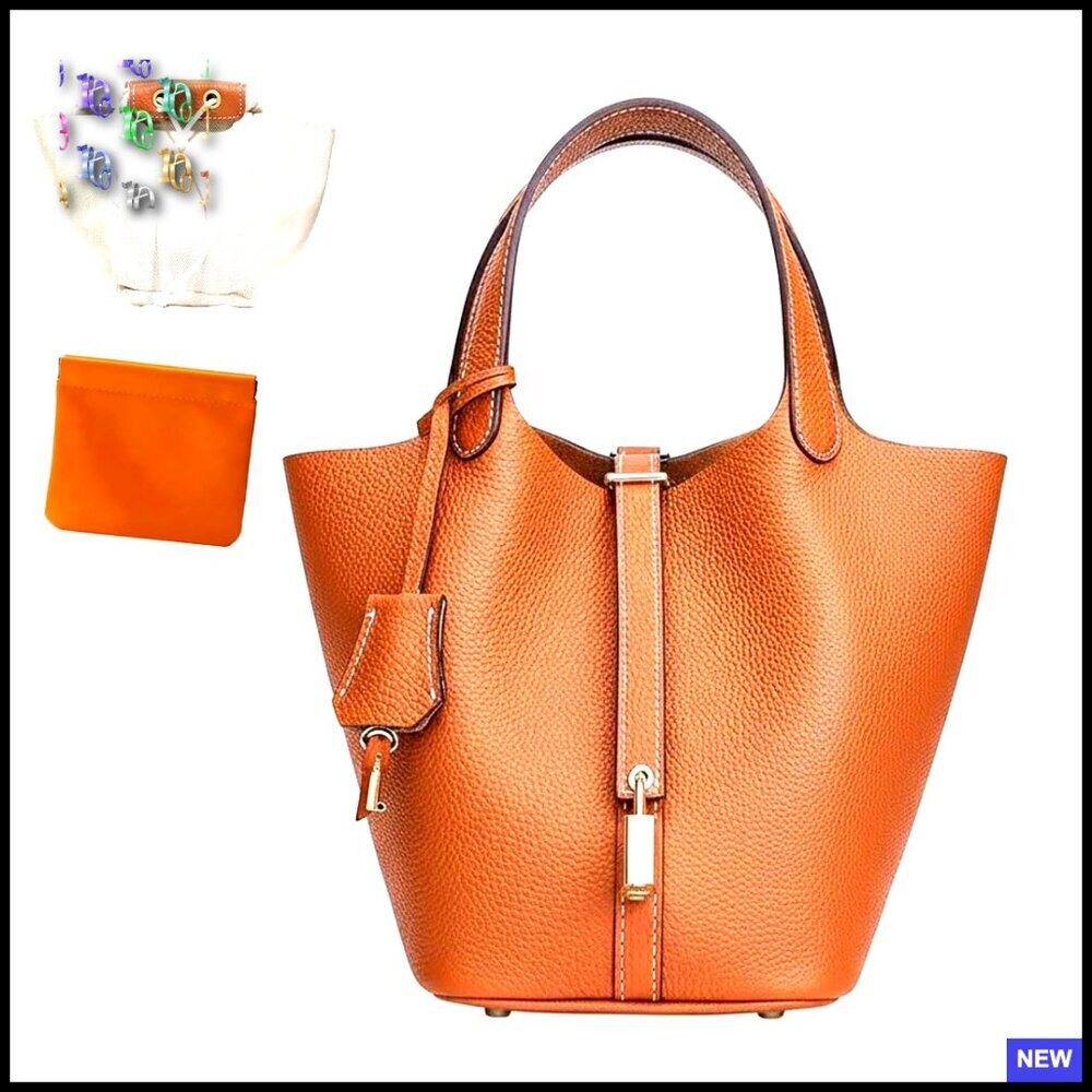 Genuine Leather Bucket Bag Classic Lock Design Versatile Handbag Tote